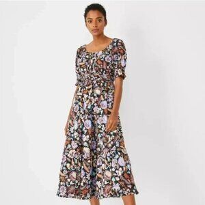 Ann Taylor Batik Floral Midi  Dress 4 Tiered Flare Smoked